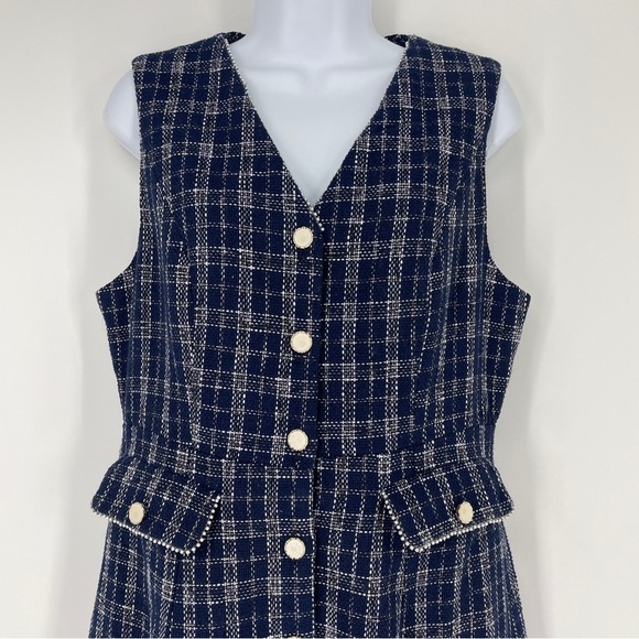 V Neck Button Down Pockets Vintage Sleeveless Plaid Tweed Dress - Picture 4 of 9